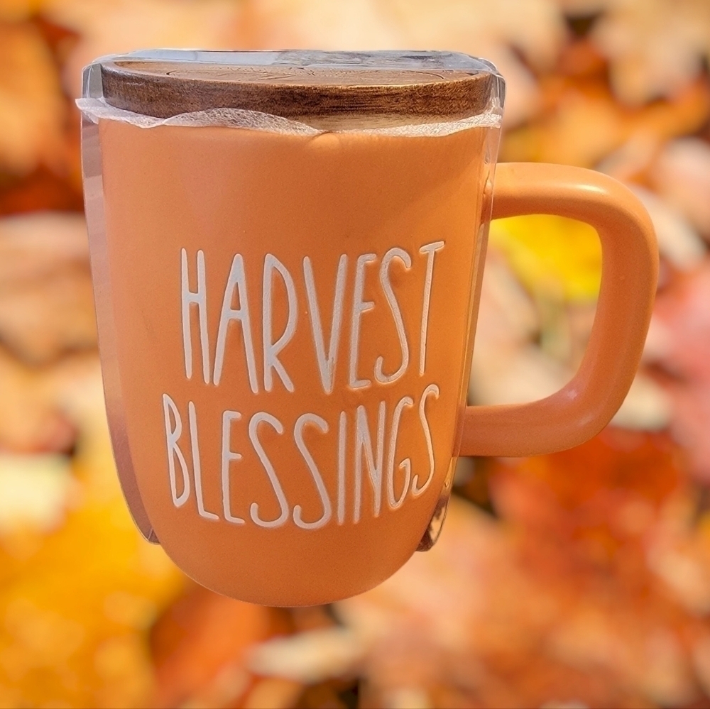 New Blue Harbor mug w/ Bamboo Lid Harvest Blessings orange acorns